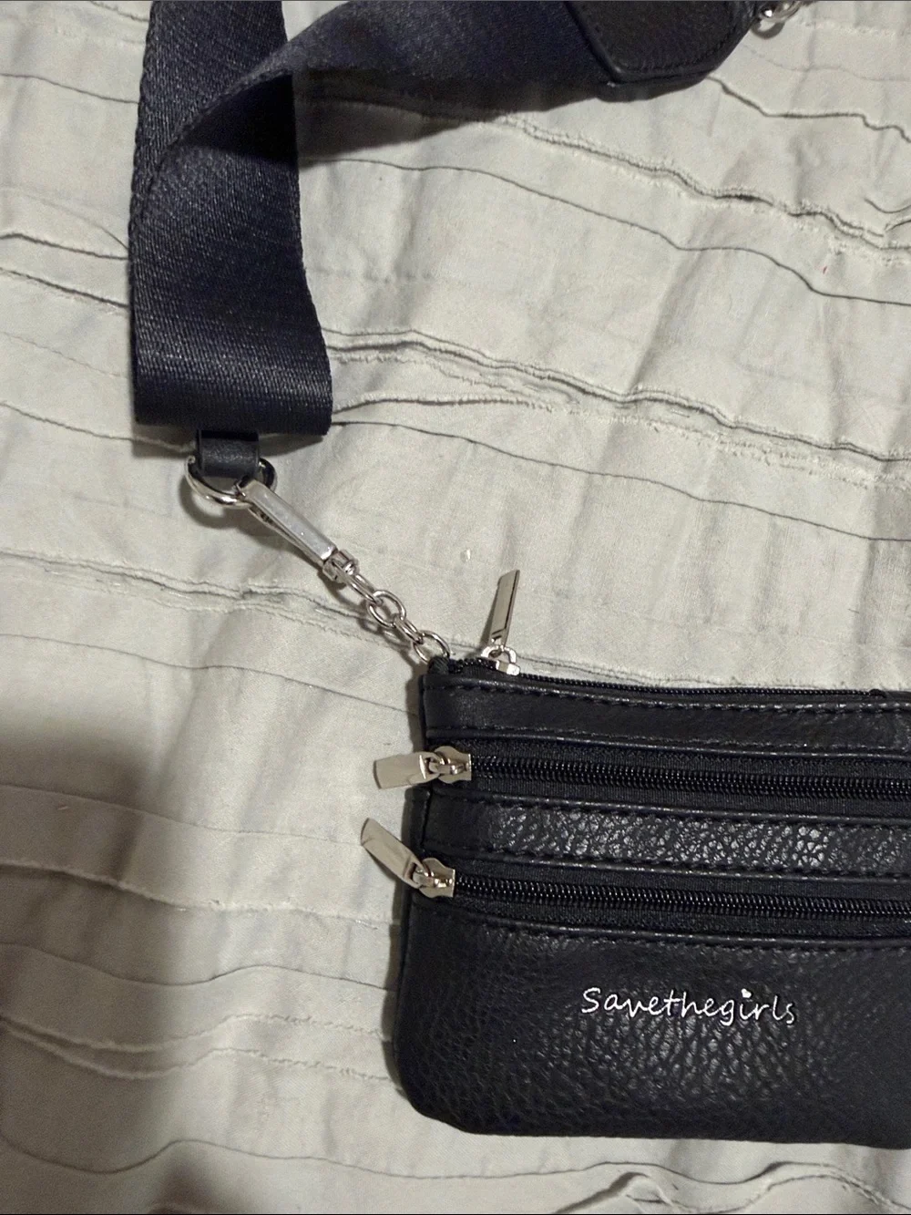 Save The Girls Black Leather Crossbody Card Pouch with Adjustable Strap